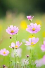 Fototapeta premium Gentle pink cosmos flowers bloom in a vibrant meadow during a sunny spring afternoon
