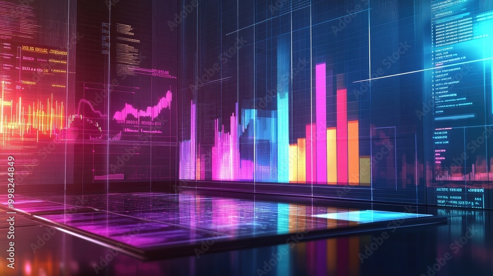 Poster a multi-colored 3d bar chart displayed on a transparent digital board, illustrating business trends 