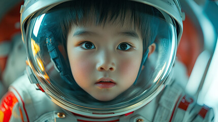 Portrait of an Asian boy in a spacesuit inside a spaceship, looking at the camera in wonder.