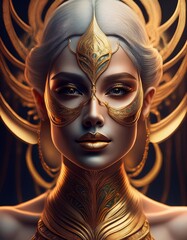 A female goddess with blonde hair and gold jewelry. AI generated.