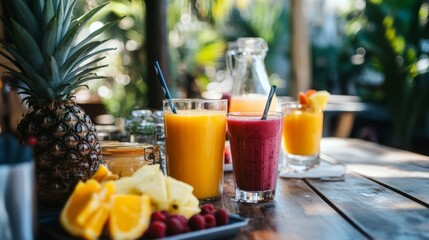 A lively outdoor scene featuring a table adorned with various fruit smoothies, including orange, pineapple, and berry blends, inviting guests to enjoy a fruity refreshment.