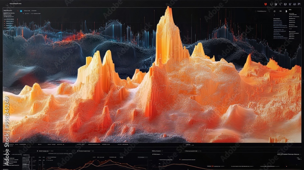 Poster a panoramic view of a 3d histogram displayed on a screen, with interactive elements that allow users