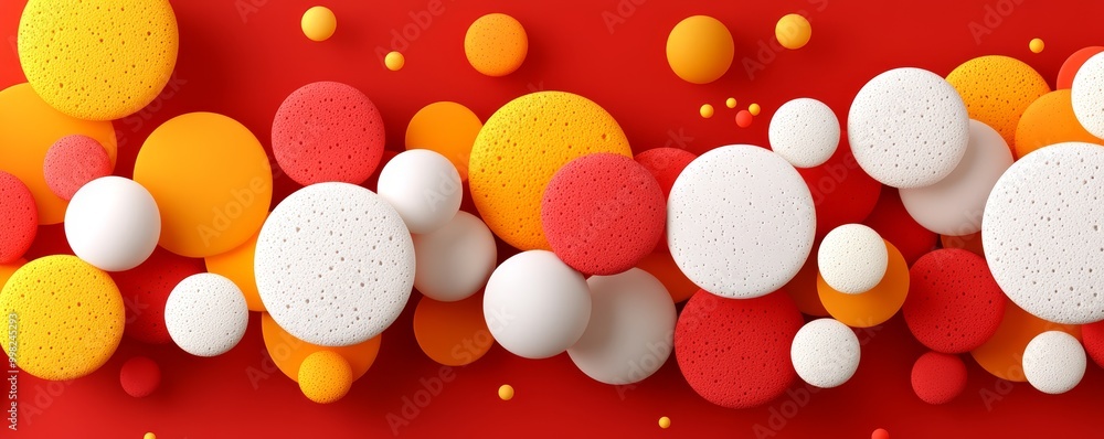 Poster bright and colorful circular shapes in various sizes on a vibrant red background, creating a playful