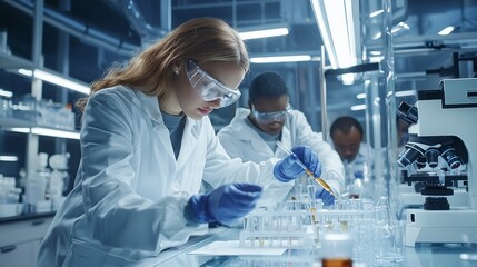 Group of professional scientists working together in a state of the art research laboratory performing scientific experiments and analysis using advanced equipment and technology to drive innovation