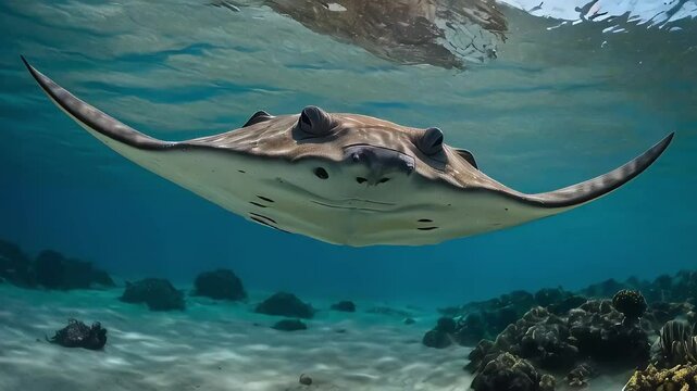 A stingray is on the sand near the water