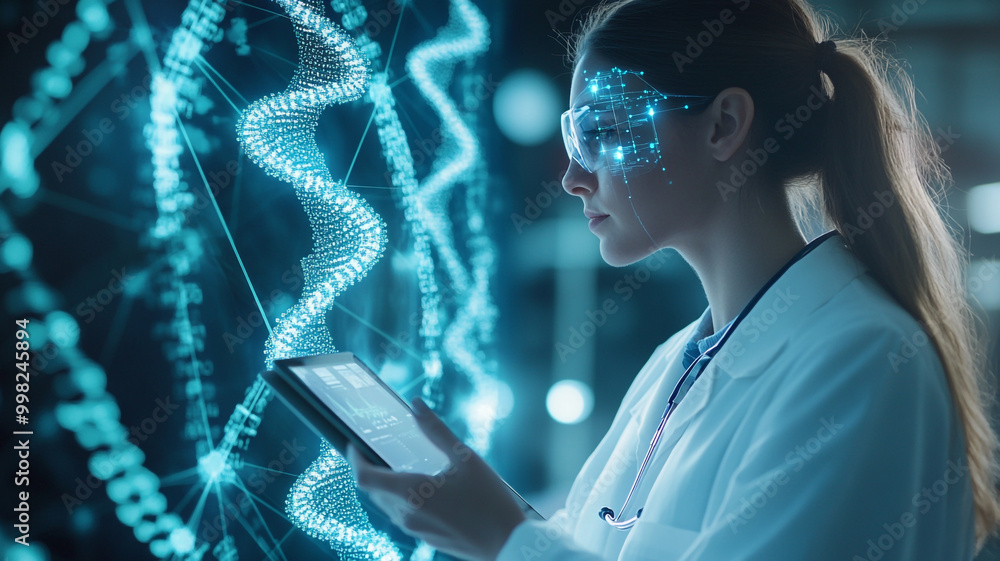 Poster female scientist analyzing genetic data on a tablet while visualizing dna strands in a lab
