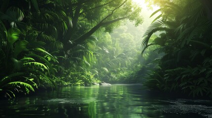 Sunlight streams through the dense canopy of a tropical jungle, illuminating a tranquil river winding its way through the lush foliage.