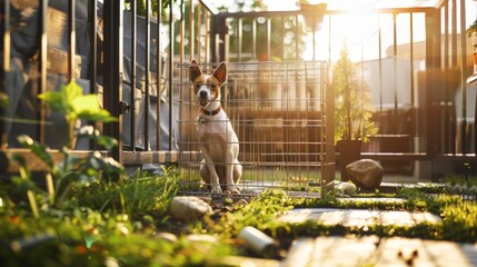 A dog is sitting in a cage in a yard