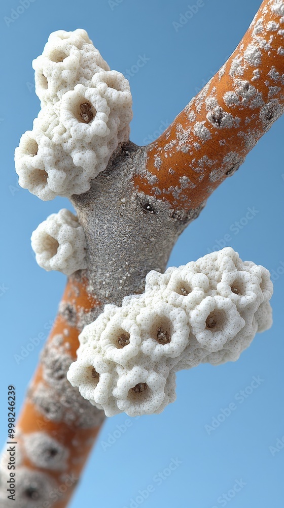 Aufkleber close-up of coral-like structures on a branch, showcasing unique textures and forms against a blue b