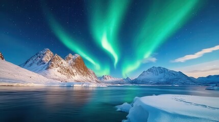 Naklejka premium Aurora sky with vivid green and purple Northern Lights above a snowy mountain range, ideal for capturing the awe-inspiring beauty of nature in travel and adventure ads.