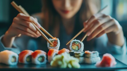 Asian couple eating Sushi salmon and sashimi,sushi on wooden board in dinning japan restaurant,wasabi,japanese Sushi food on chopsticks,tokyo street food, Traditional food,food for restaurants menu.