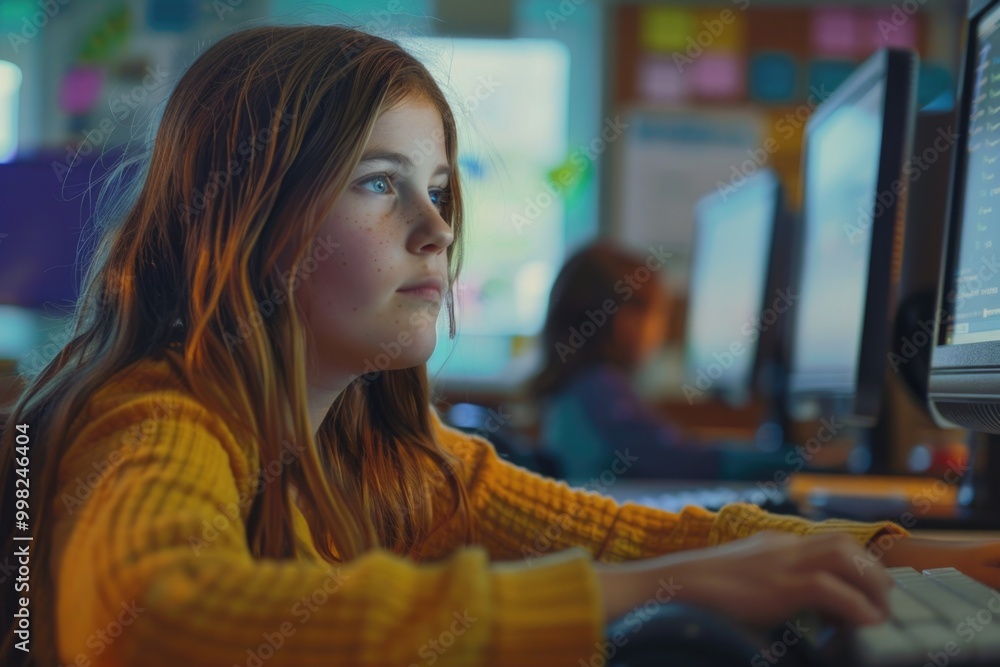 Aufkleber Young girl sitting in front of a computer monitor with a curious expression