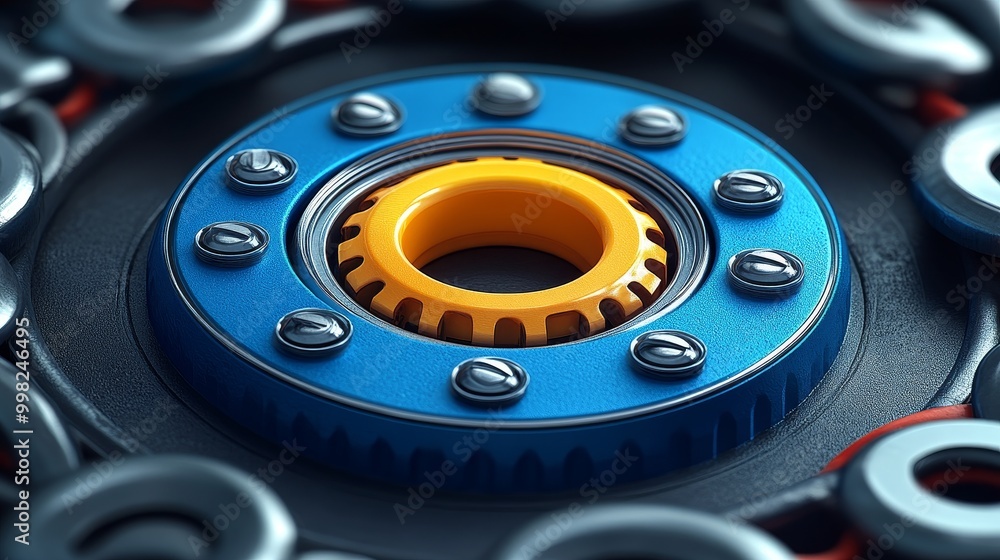 Poster close-up view of a colorful mechanical gear and chain system, showcasing intricate details and craft