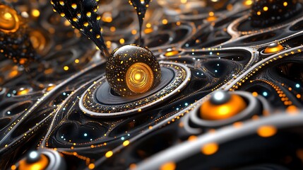 Abstract  D Render of Metallic Structure with Glowing Orbs