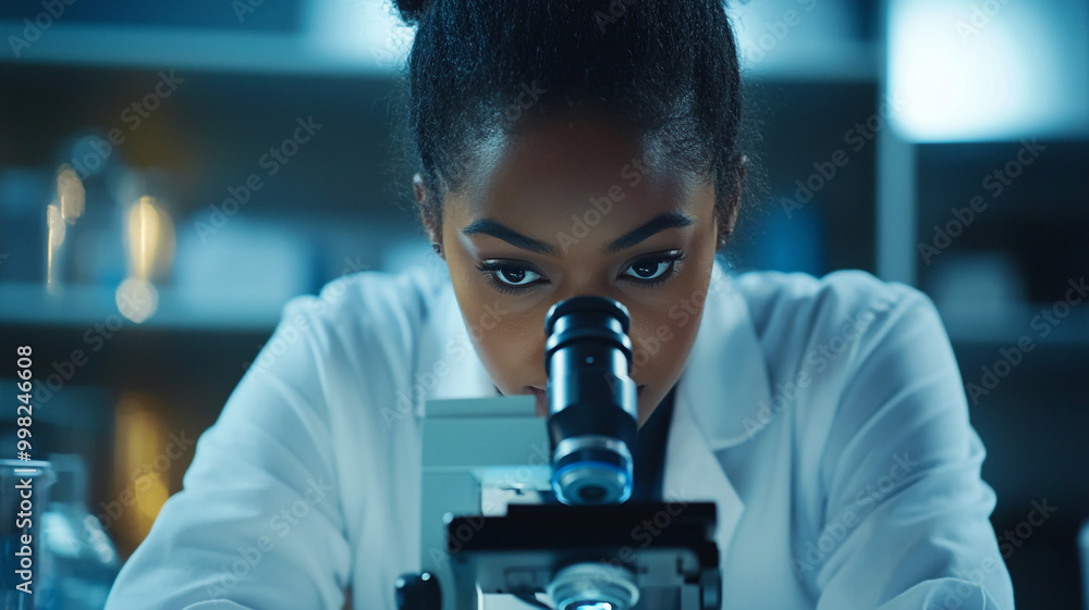 Poster female scientist examining samples through a microscope in a laboratory during daylight hours