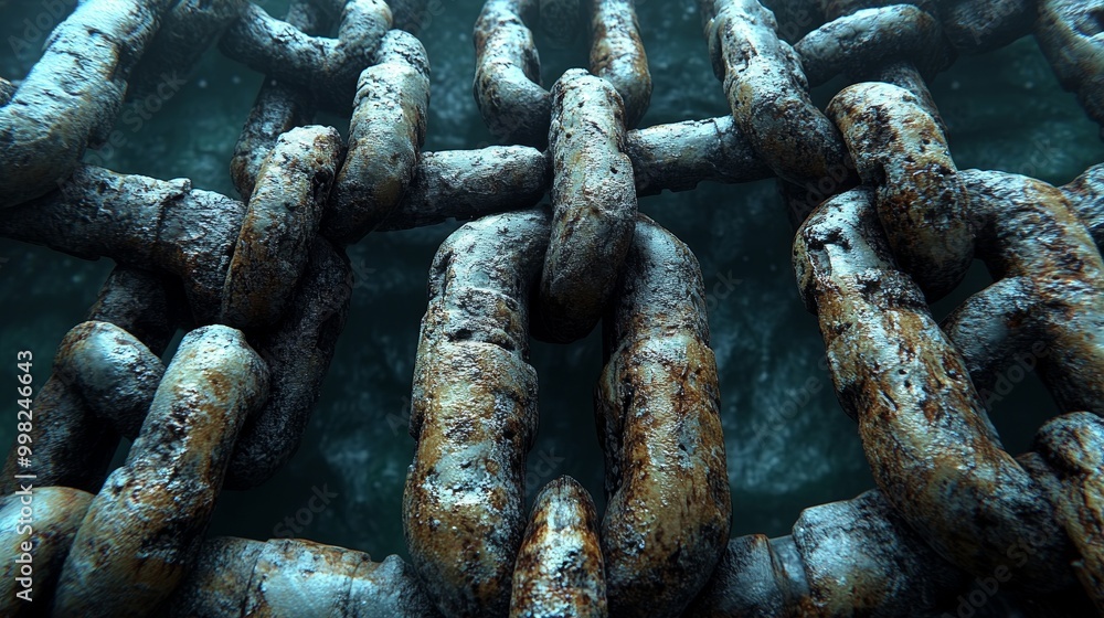 Poster close-up view of a weathered chain submerged in water, showcasing rust and texture, ideal for marine