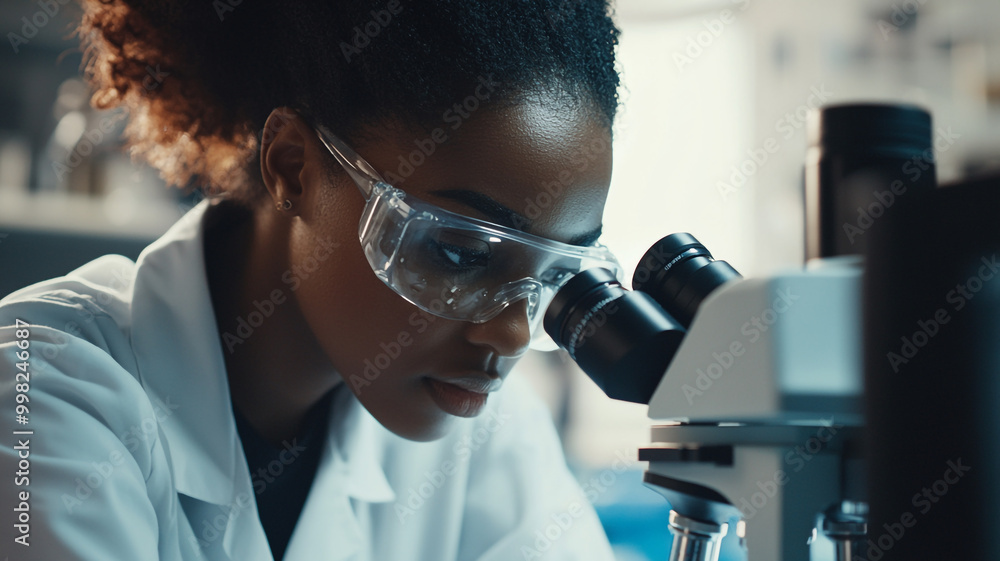 Poster young scientist examining samples under a microscope in a laboratory during the afternoon