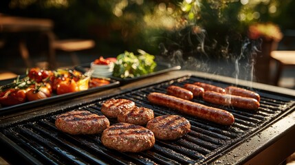 A picturesque outdoor barbecue scene with sausages and burgers sizzling on the grill, accompanied by a selection of sauces ready for guests to add their favorites.