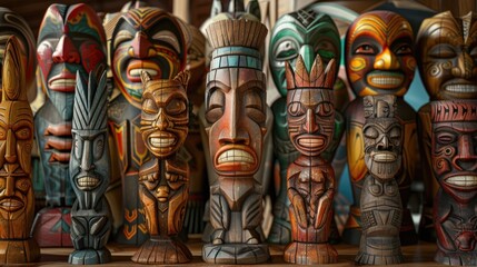 Obraz premium Row of intricately carved wooden totems displayed on a shelf, perfect for decorative or cultural context