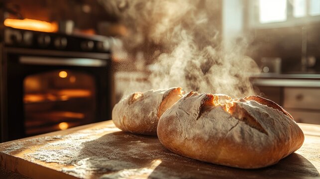 A picturesque shot of freshly baked bread coming out of the oven, with steam wafting up and a rustic kitchen setting, capturing the essence of baking at home