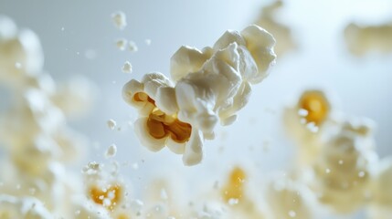 Obraz premium A Single Popcorn Kernel Floating in Mid-Air with Other Blurred Kernels in the Background