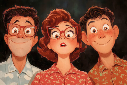 Vintage Cartoon Characters with Retro Glasses and Stylish Outfits