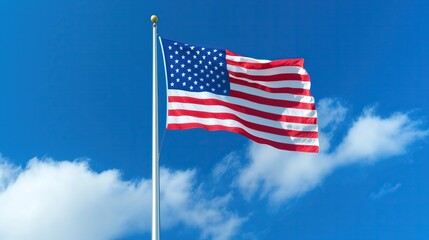 Naklejka premium flagpole with USA flag against blue day sky with white clouds