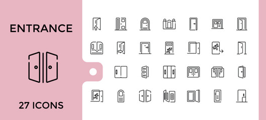 Entrance line icon collection, Open door, Building entry, Emergency exit. Closed doorway, Doorframe and more outline icons set. editable stroke and pixel perfect.