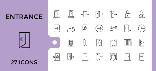 Entrance line icon collection, Open door, Building entry, Emergency exit. Closed doorway, Doorframe and more outline icons set. editable stroke and pixel perfect.