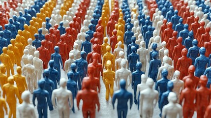 Obraz premium Colorful miniature figures representing groups, unity, and diversity in a vibrant arrangement. Ideal for concepts of community.