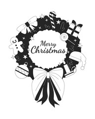 Wreath Merry Christmas greeting black and white 2D illustration concept. Xmas fir garland round pine branches festive outline postcard isolated. Winter holiday tradition metaphor monochrome vector art