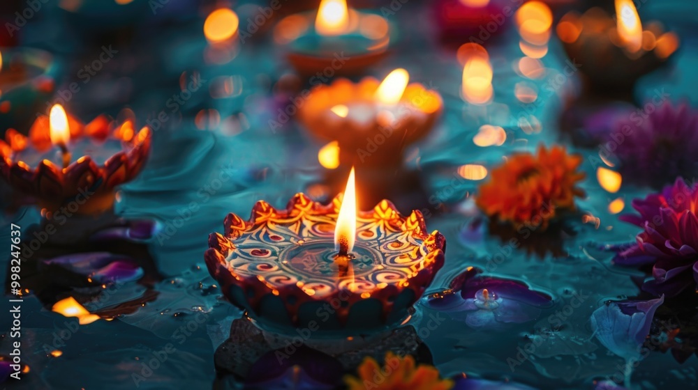 Poster A group of lit candles floating on the surface of calm water, creating a peaceful atmosphere