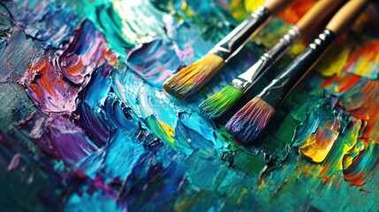 Fototapeta premium Bright paint splashes and artistic brushstrokes create a colorful scene on a canvas in a sunlit artist's studio space. Generative AI