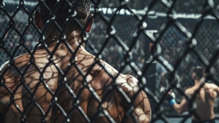 A person standing outside a metal enclosure
