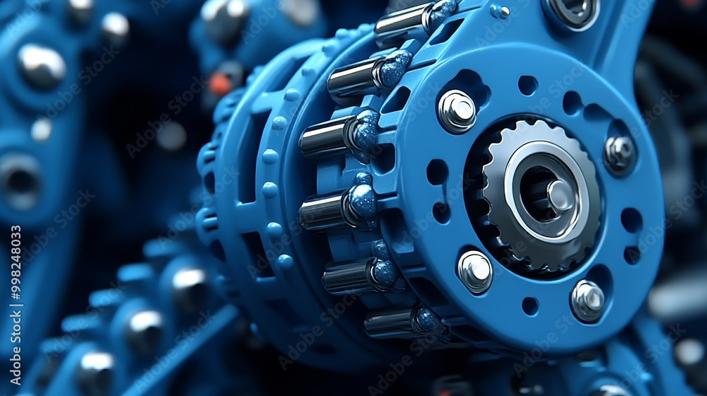 Poster detailed close-up of a blue mechanical part showcasing precision engineering and intricate design el