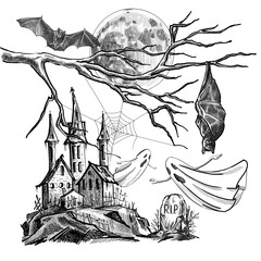 hand-drawn  Halloween illustration in black and white graphics