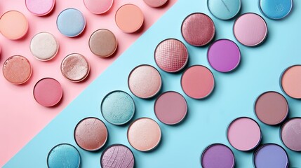 The background includes eyeshadow palettes on pastel background
