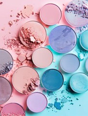 The background includes eyeshadow palettes on pastel background