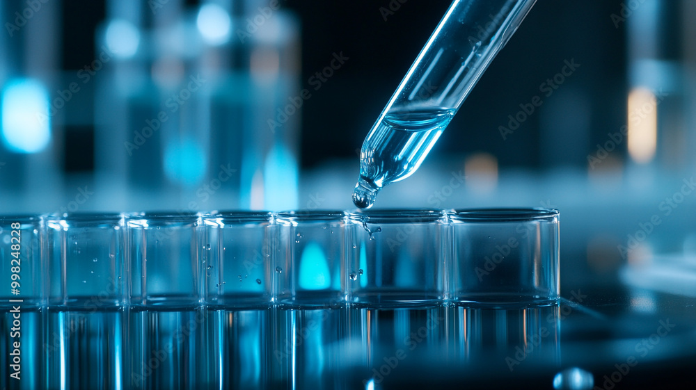Poster laboratory technician transferring liquid with a pipette into test tubes in a modern lab setting