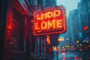 A neon sign saying "LHD D LOME" hangs above a street in the city on a rainy night.