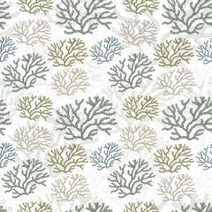 Green seamless pattern with a underwater life objects, sea plants, Seaweed Watercolor Oceanic Pattern, tropical aquarium seaweed, Hand drawn watercolor painting on white background