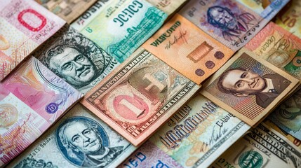 Close-up of currency from around the world. Banknotes collection from various countries