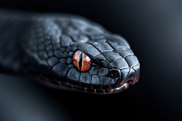 Fototapeta premium Close-up of Black Viper Snake with Intense Orange Eyes on Dark Background