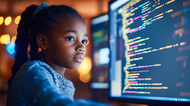 A Black school pupil studying coding at a computer, focusing on digital skills in education. Promoting inclusivity in learning about AI and cyber security