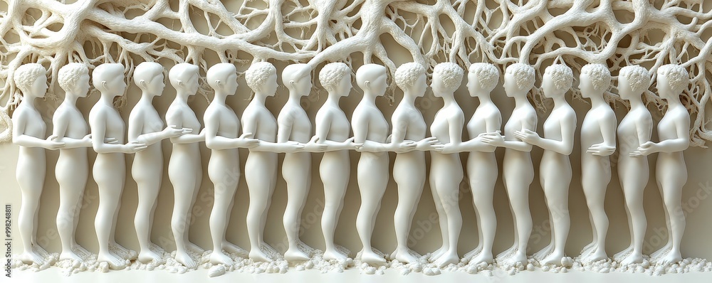 Poster intricate artwork depicting figures interconnected by roots, symbolizing unity and connection in a s