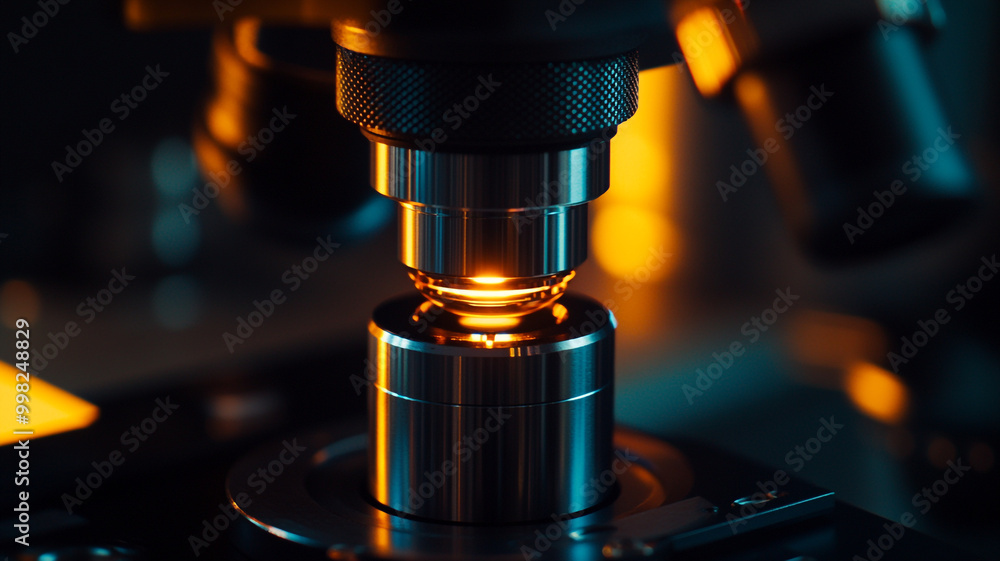 Poster illuminated microscope lens revealing intricate details of a specimen in a laboratory setting
