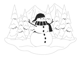 Cute snowman amidst snowy woods mountains black and white line illustration. Christmas snow man on glade winter 2D linear character isolated. Wonderland wintertime monochrome vector outline image