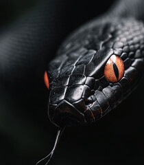 Fototapeta premium Close-up of Black Snake with Intense Orange Eyes on Dark Background