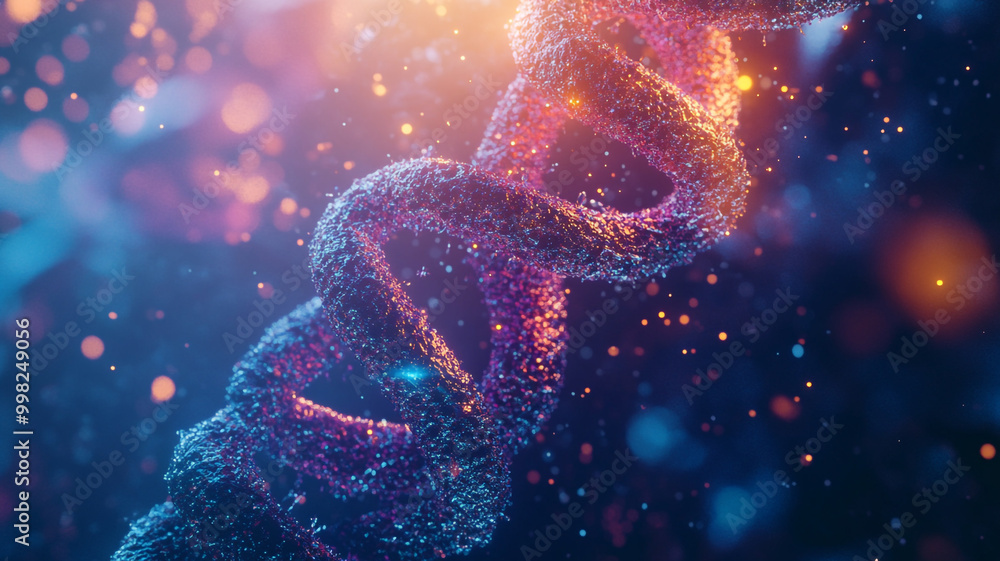 Poster a close-up view of a colorful dna double helix structure illuminated by vibrant particles