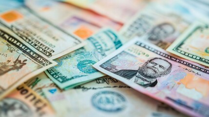 Obraz premium Close-up of currency from around the world. Banknotes collection from various countries